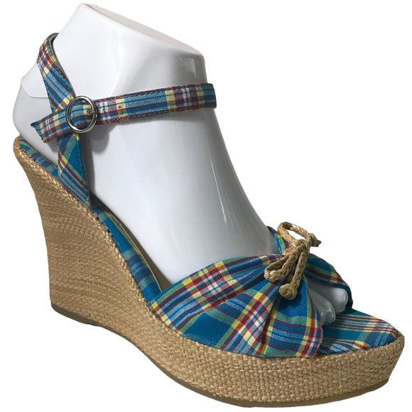 Xhilaration Shoes - Xhilaration Platform Womens Fabric Teal Plaid Woven Wedge Heel Sandal Size 7.5